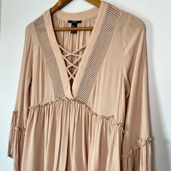 FOREVER 21 Nude Pink Bell Sleeve V-neck Mesh Detail Flowy Ruffle Boho Blouse - Picture 6 of 11